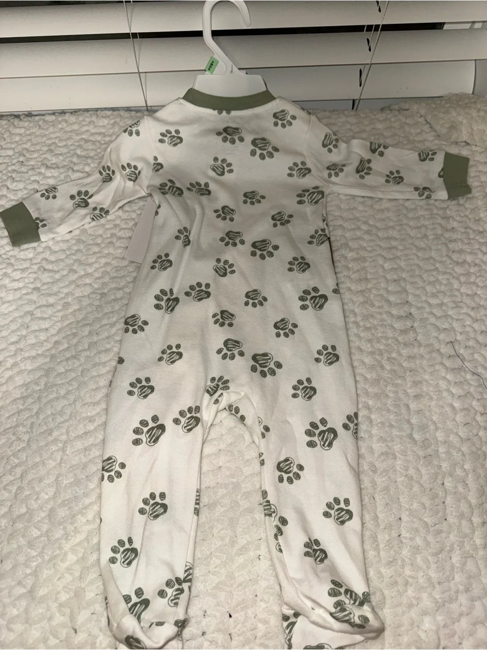Baby Footed One-Piece with Green Paw Print and Bear Applique